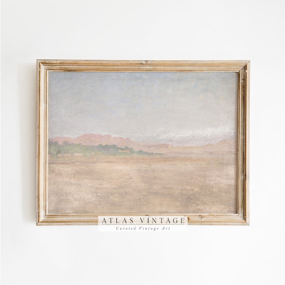 Warm Desert Plain Distant Pink Hills Muted Tonal Landscape Painting Wall Art
