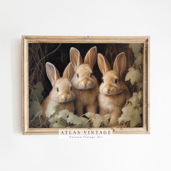 Vintage Easter Bunnies Print Antique Spring Rabbit Oil Painting Neutral Country Farmhouse Dcor Moody Rustic Wall Art