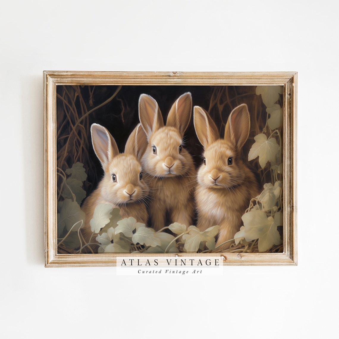 Three Baby Bunnies In Dark Ivy Moody Spring Rabbit Family Poster