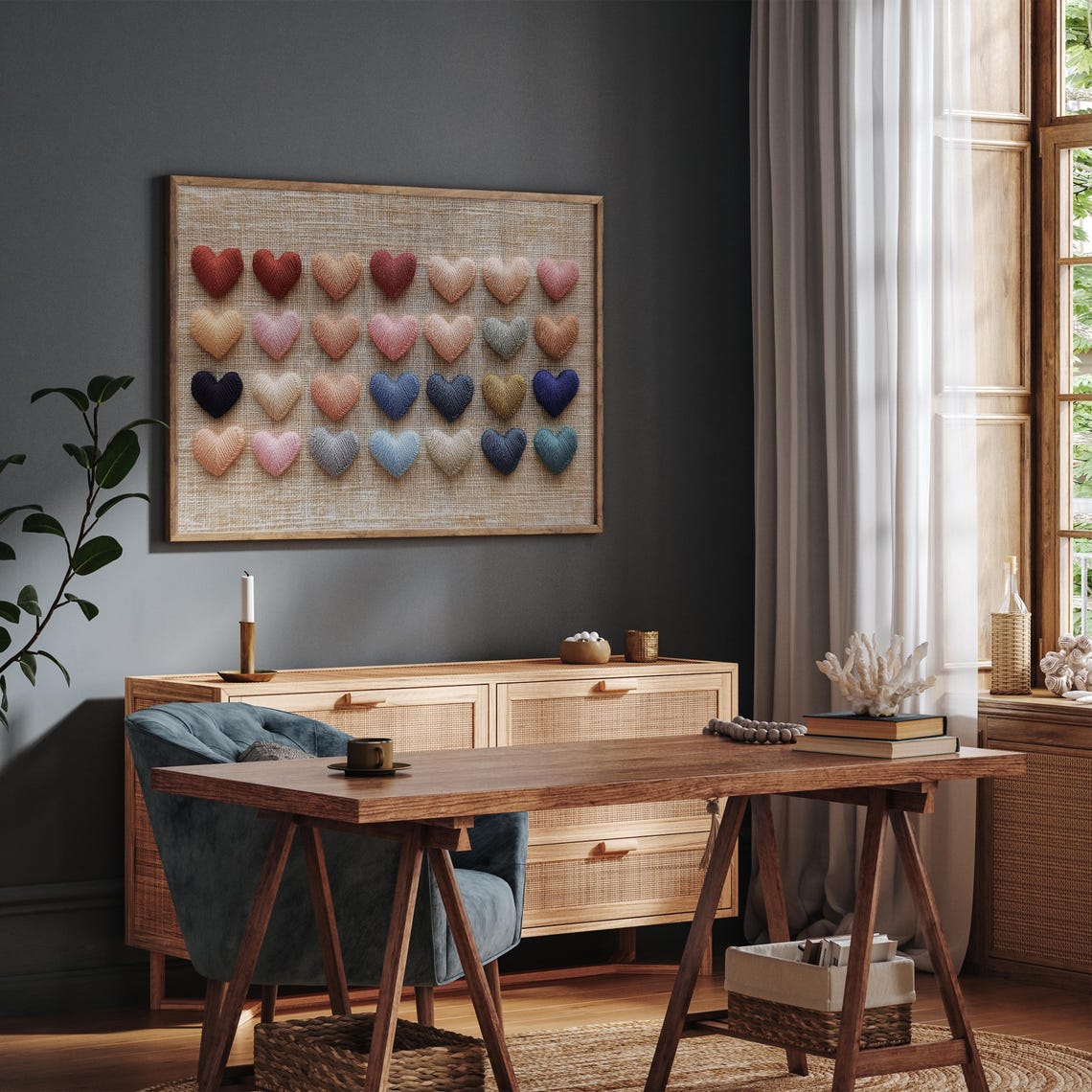 Rustic Embroidered Heart Grid Pastel Linen Textile Art Poster - Image 8