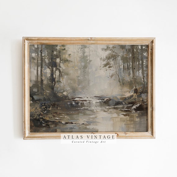 Dark Abstract Landscape Vintage Print Muted Neutral River Painting Rustic Forest Decor Moody Summer Scenery Wall Art