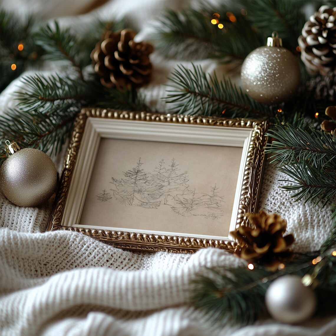 Pencil Sketch Christmas Trees Minimalist Beige Holiday Poster - Image 7