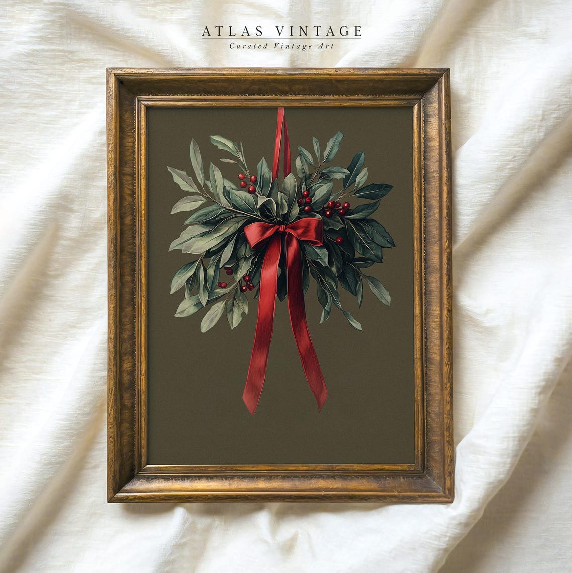 Christmas Mistletoe With Red Ribbon on Olive Green Holiday Poster