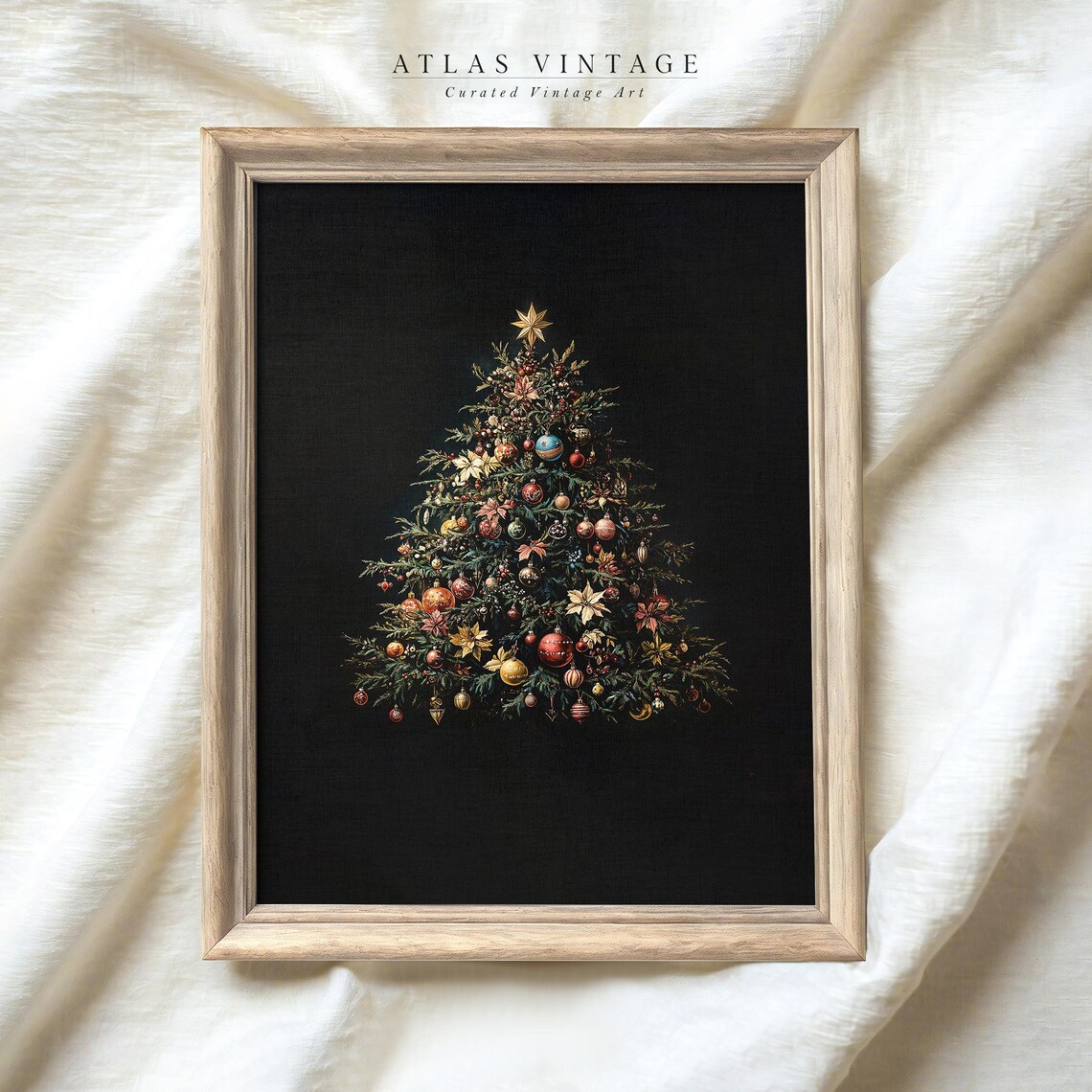 Dark Christmas Tree With Ornaments on Black Holiday Art Poster - Image 3