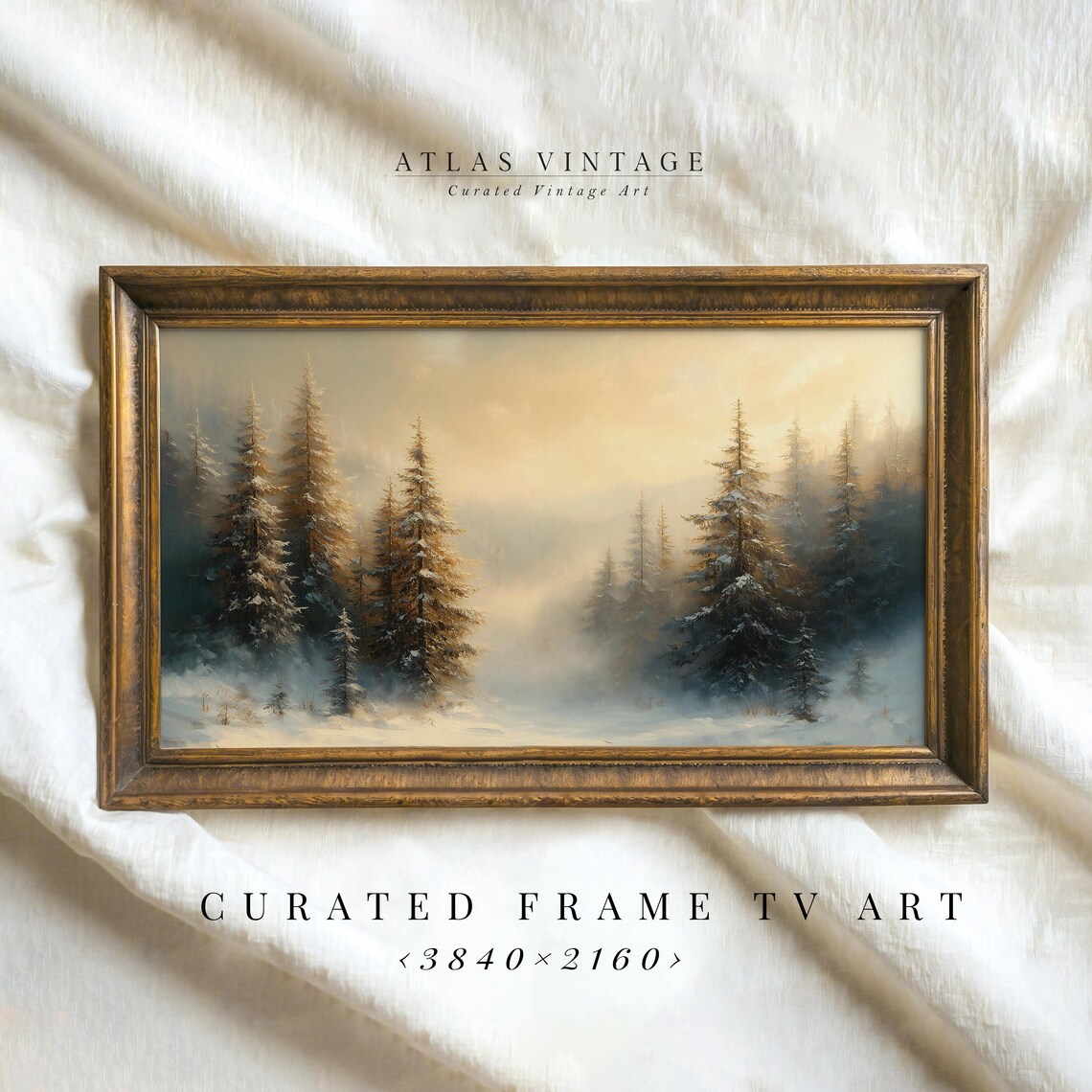 Misty Snowy Pine Forest Vintage Oil Painting Winter Woods Poster