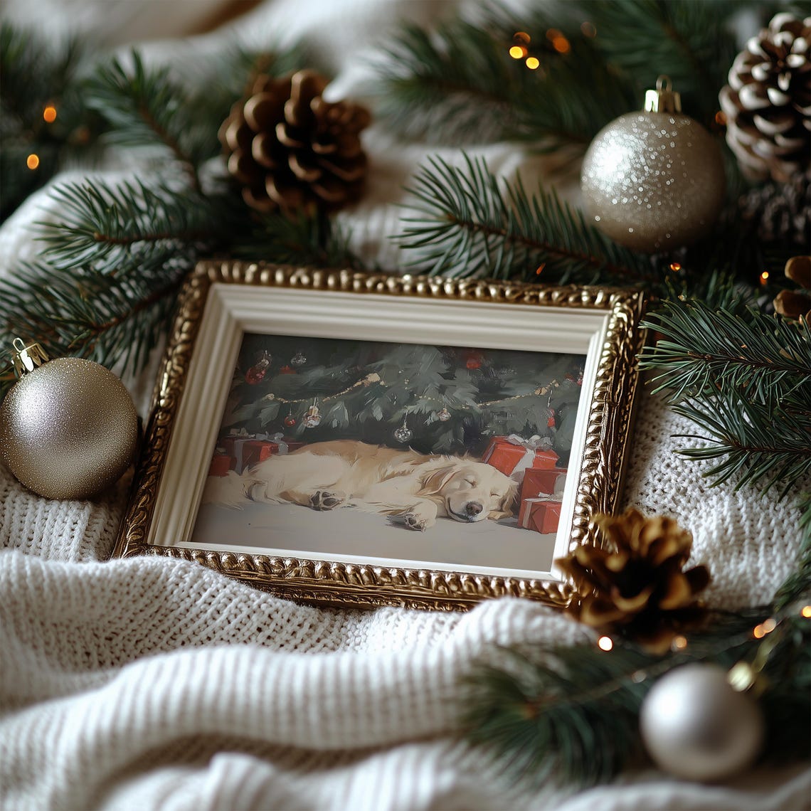 Golden Retriever Sleeping Under Christmas Tree with Gifts Poster - Image 6