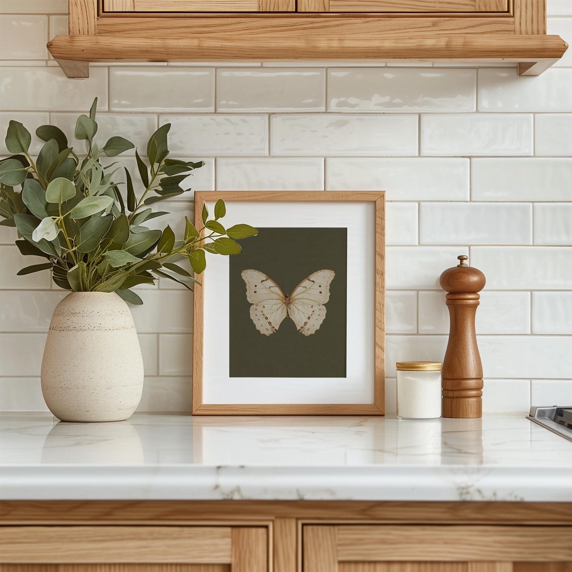 White Butterfly Specimen Dark Olive Botanical Style Art Poster - Image 4