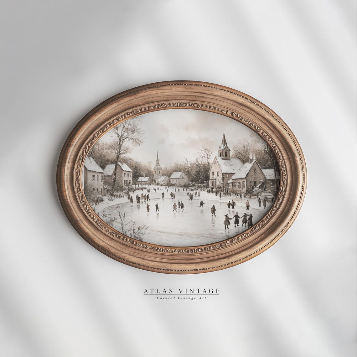 Vintage Ice Skaters on Frozen Pond Sepia Winter Village Poster - Image 7