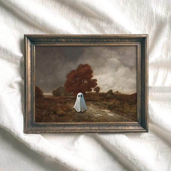 Vintage Halloween Ghost Print Rustic Country Fall Landscape Decor Spooky Autumn Wall Art Cute Ghost In Dark Forest Painting