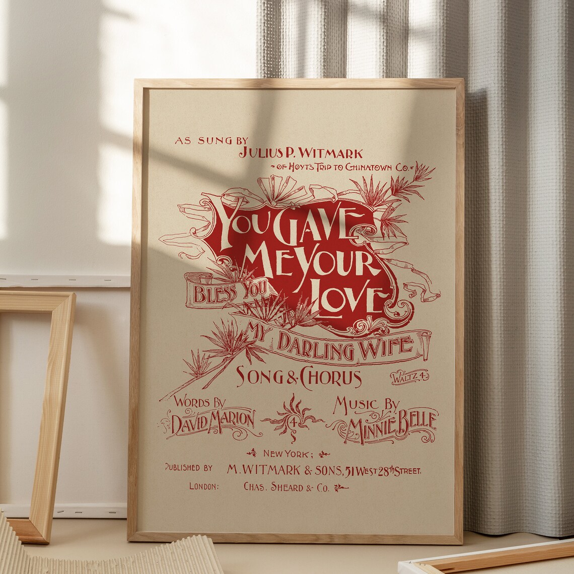 You Gave Me Your Love Vintage Sheet Music Cover Red Lettering Poster