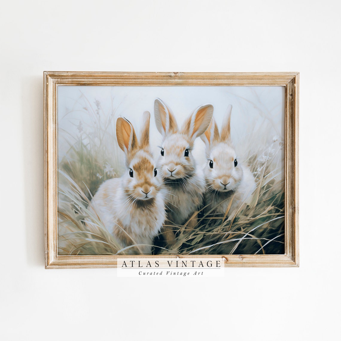 Vintage Easter Decor Print Antique Easter Bunnies Wall Art Moody Rabbit Painting Hare Spring Decor