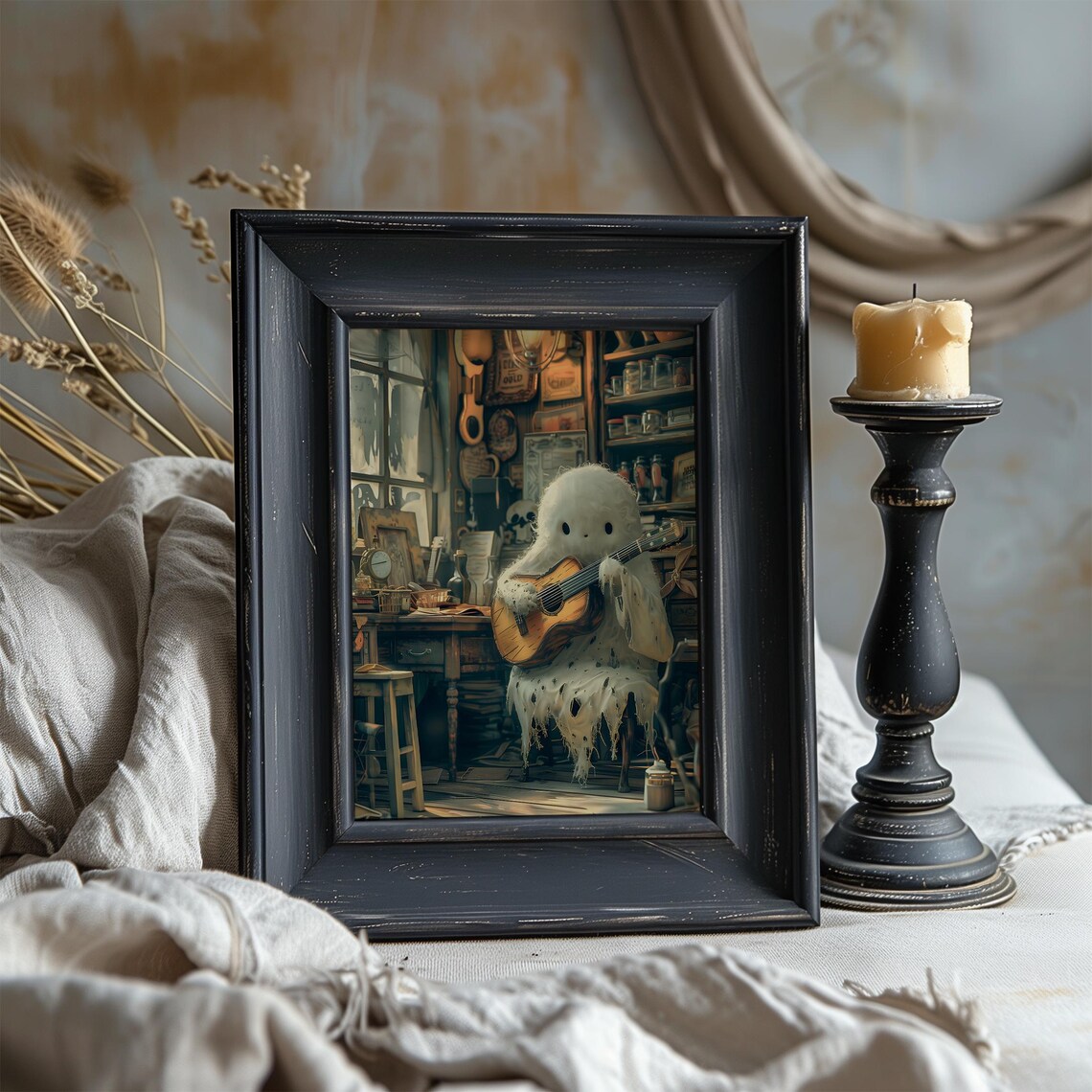 Cute Ghost Playing Guitar Print Vintage Spooky Halloween Wall Decor Art - Image 7