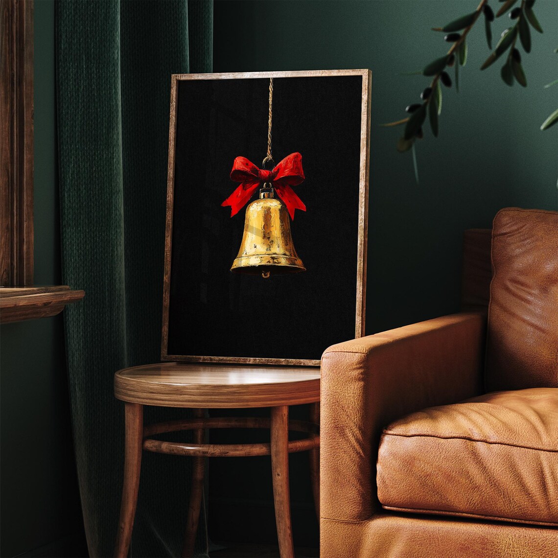 Antique Golden Bell with Red Bow Vintage Christmas Painting Poster - Image 4