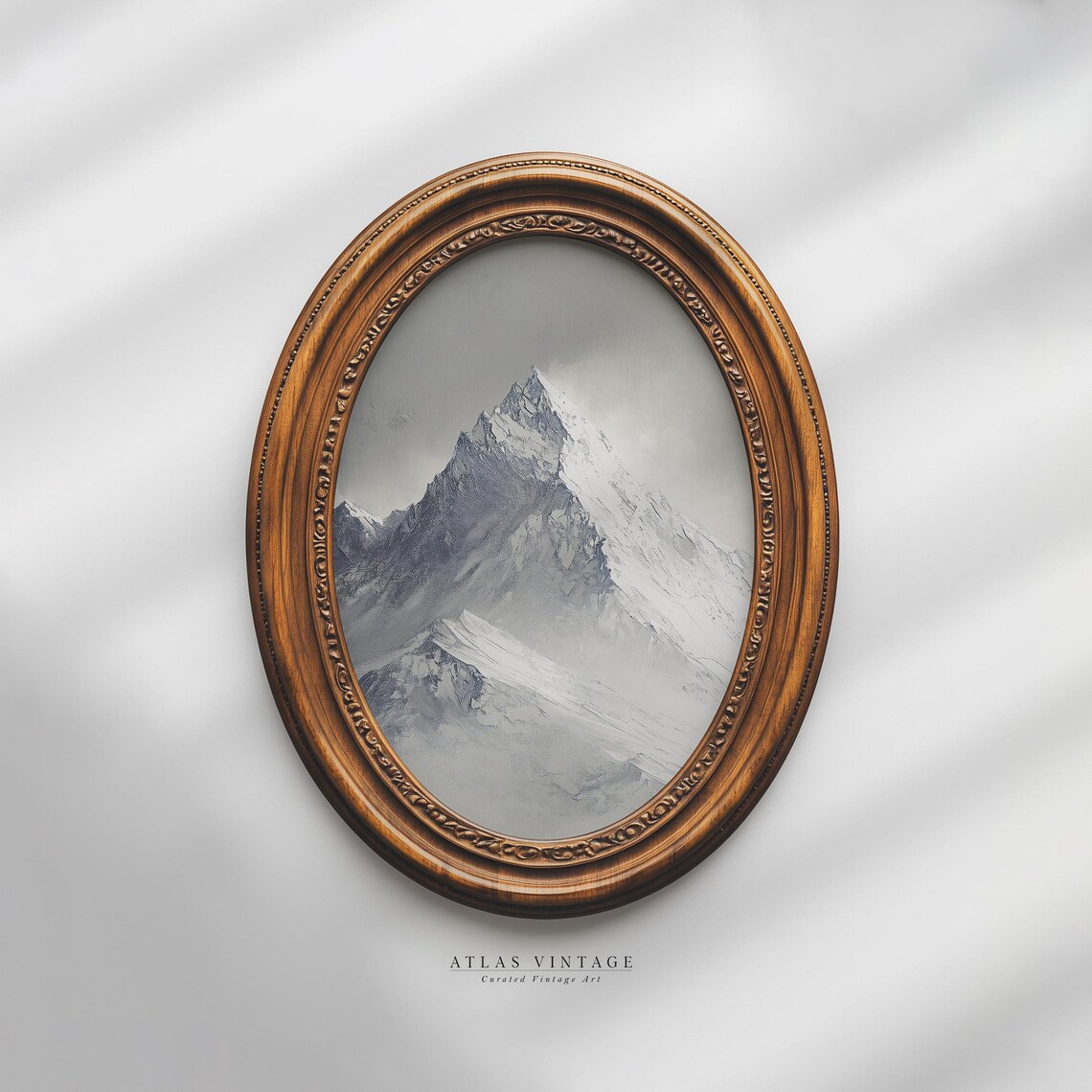 Snowy Mountain Peak Oval Painting Blue Grey Winter Alpine Poster