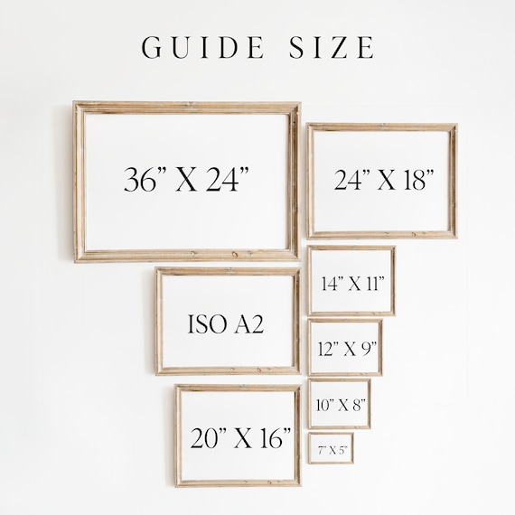 Vintage Landscape Frame Size Guide Chart Wall Art 36x24 to 7x5 Inches