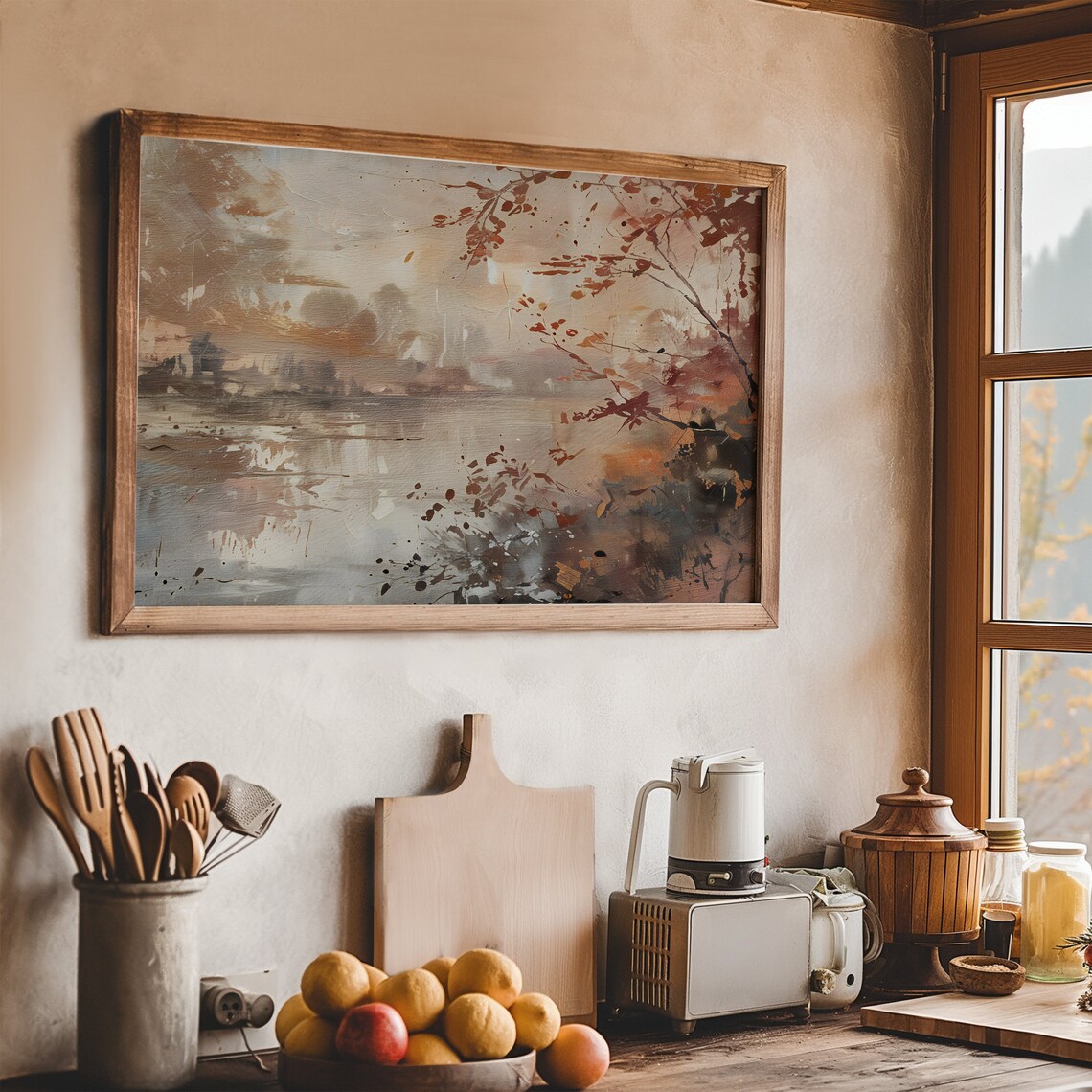 Misty Autumn Lake Red Foliage Watercolor Fall Landscape Poster - Image 5