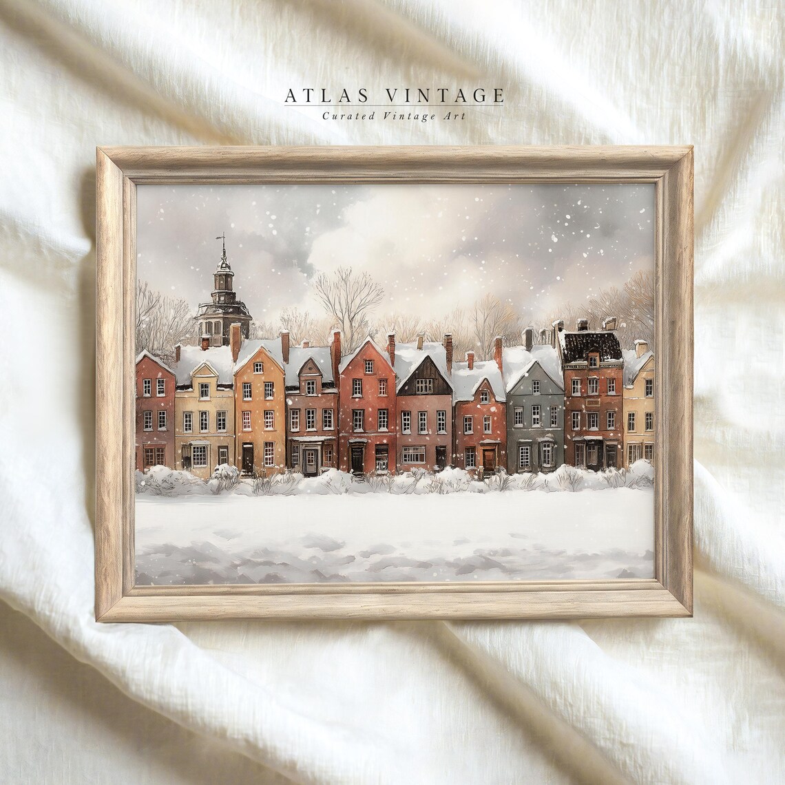 Snowy Brick Townhouse Row Church Steeple Winter Village Street Poster - Image 6