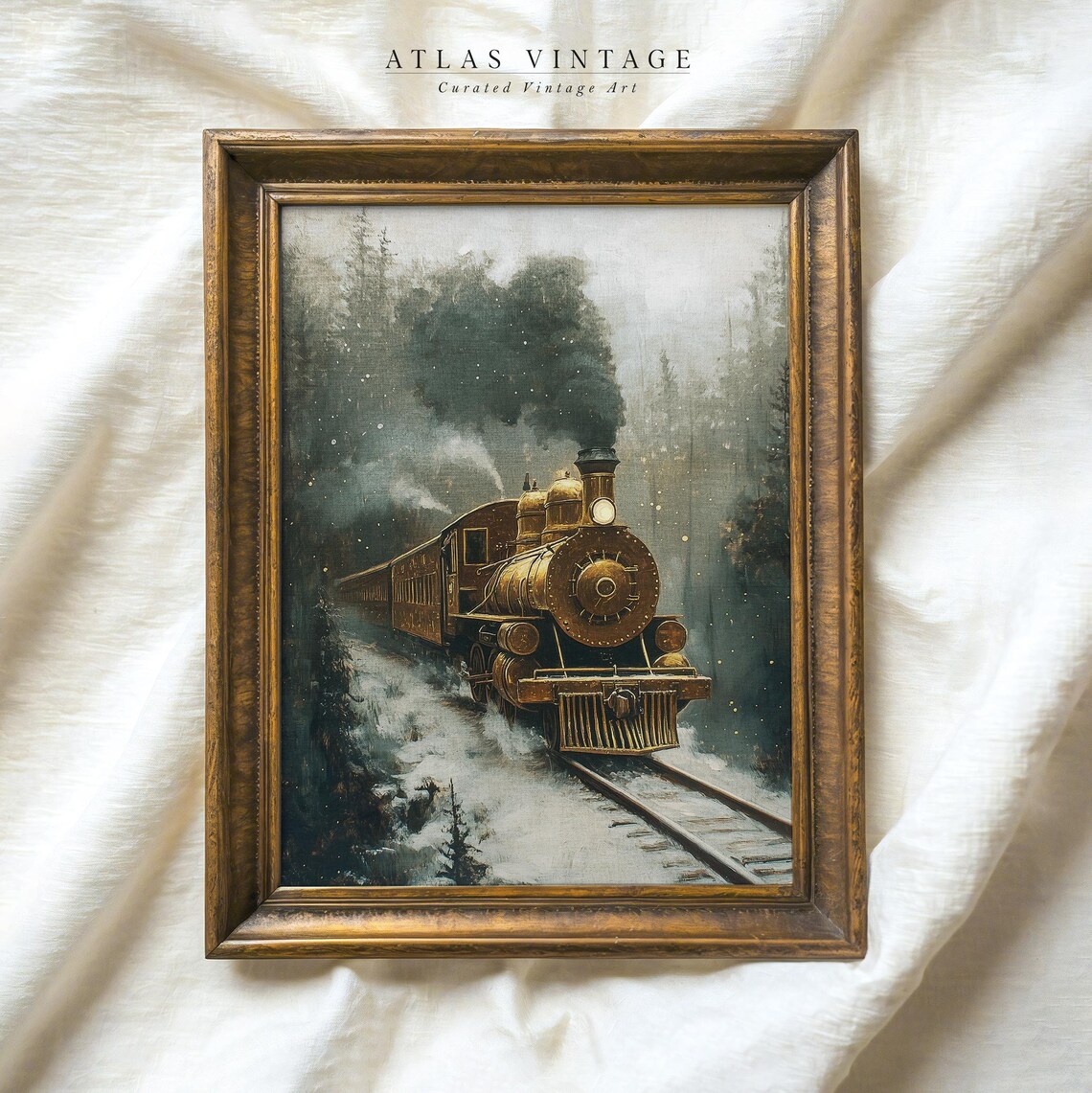 Vintage Golden Steam Train Christmas Poster Snowy Railroad Locomotive
