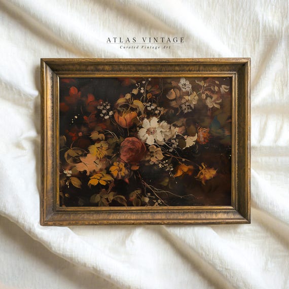 Vintage Autumn Floral Print Dark Fall Flower Painting Moody Botanical Room Decor Thanksgiving Wall Art
