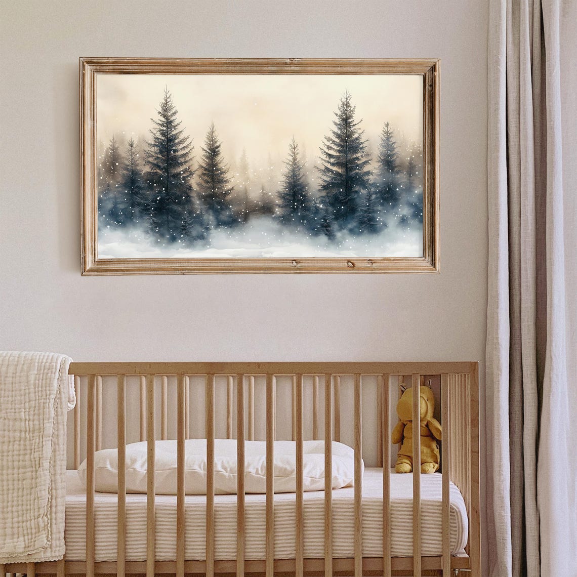 Misty Pine Trees in Falling Snow Dark Blue Vintage Frame TV Poster - Image 5