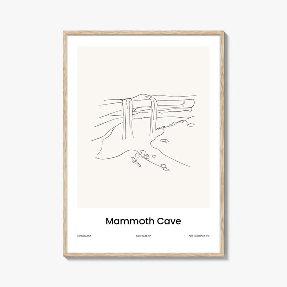Mammoth Cave Kentucky Waterfall Line Drawing Poster Gift Minimalist Travel Home Gift