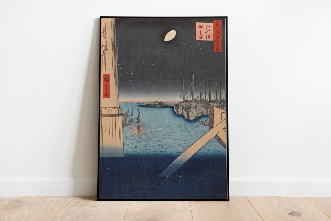 Japanese Woodblock Night Harbor Boats Moonlit Ukiyo E Art Print - Image 2