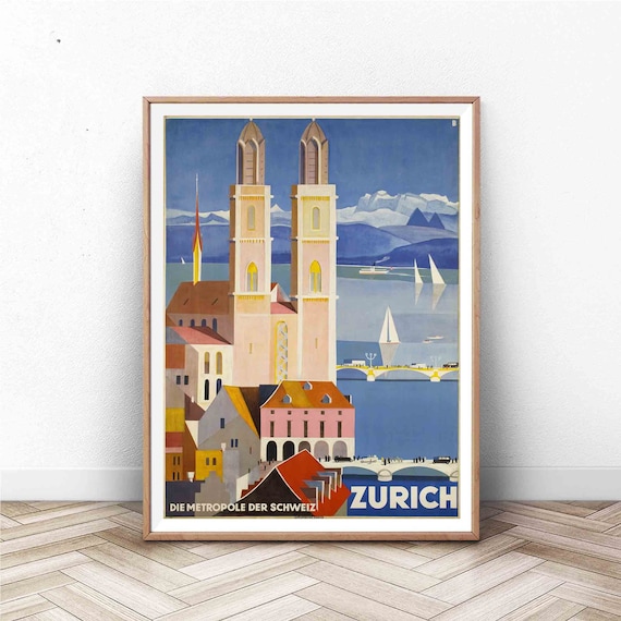 Zurich Vintage Travel Poster, Swiss Wall Art Print