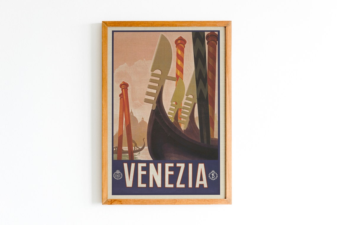 Venezia Gondolas Striped Poles ENIT Vintage Italian Travel Poster