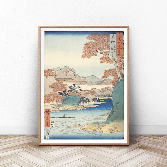 Japanese Woodblock Autumn River Mountain Fisherman Scene Poster