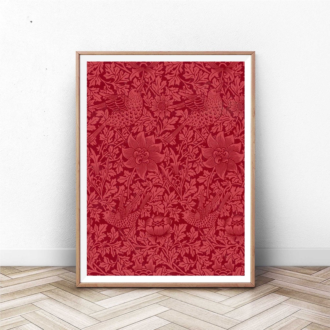 Red William Morris Bird Floral Pattern Arts Crafts Style Poster