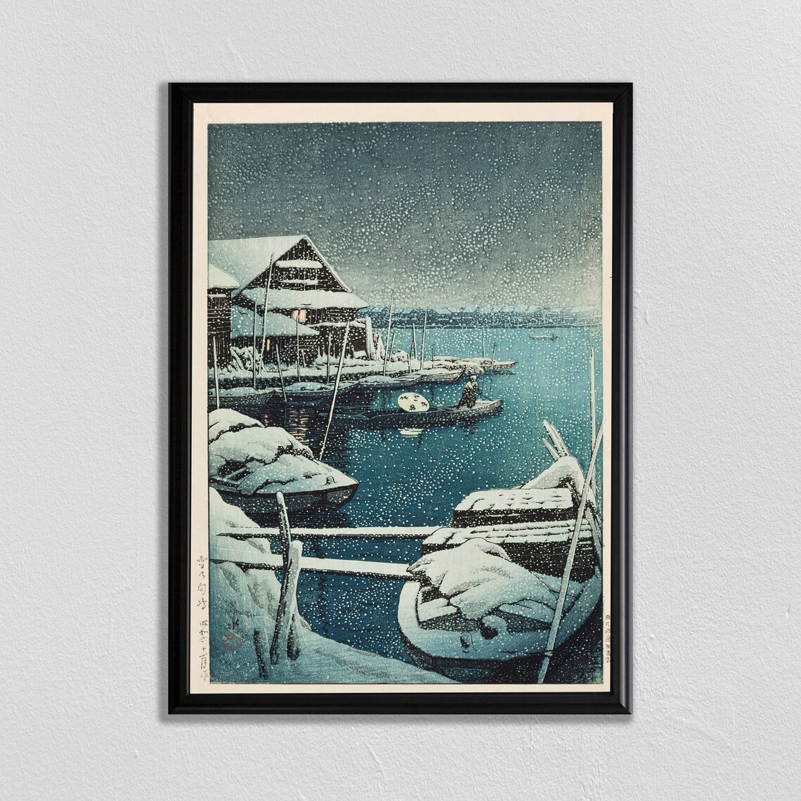 Hasui Snowy Night Harbor Boats Japanese Woodblock Landscape Poster