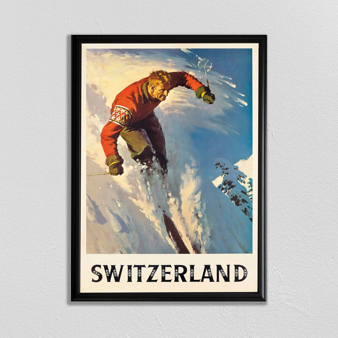 Swiss Skiing Poster, Retro European Travel Art