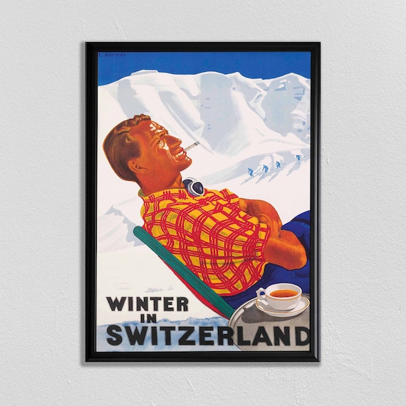 Switzerland Ski Travel Poster, Retro Winter Decor