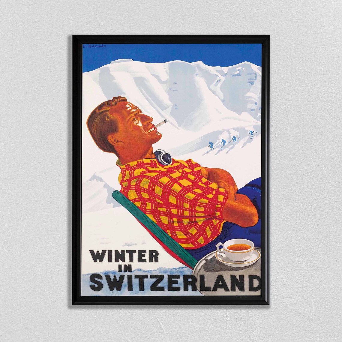 Switzerland Ski Travel Poster, Retro Winter Decor
