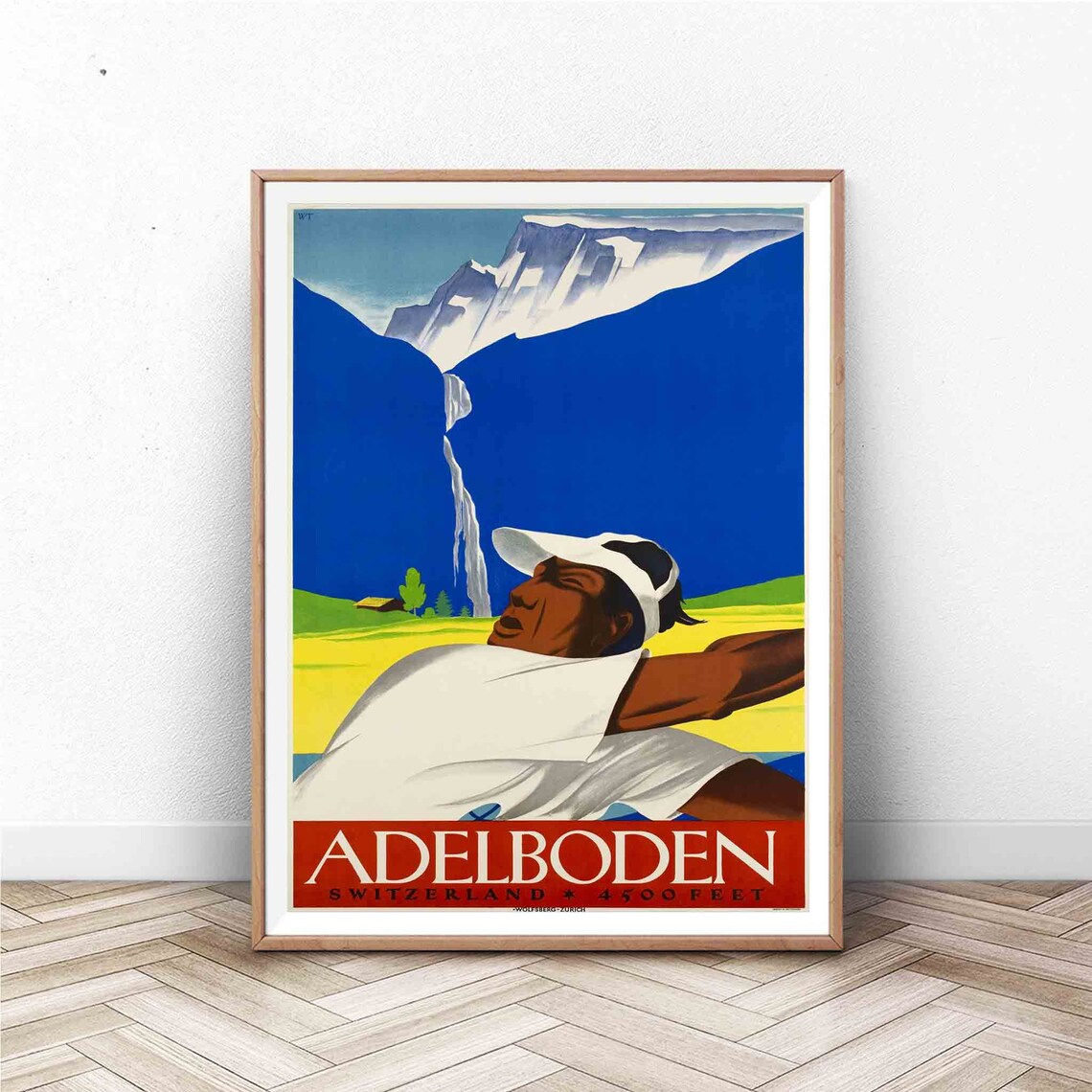 Adelboden Switzerland Swimmer Vintage Art Deco Travel Poster