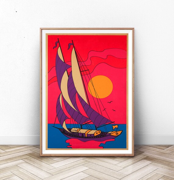 Psychedelic Tall Ship Sunset Vintage Trippy Ocean Art Poster
