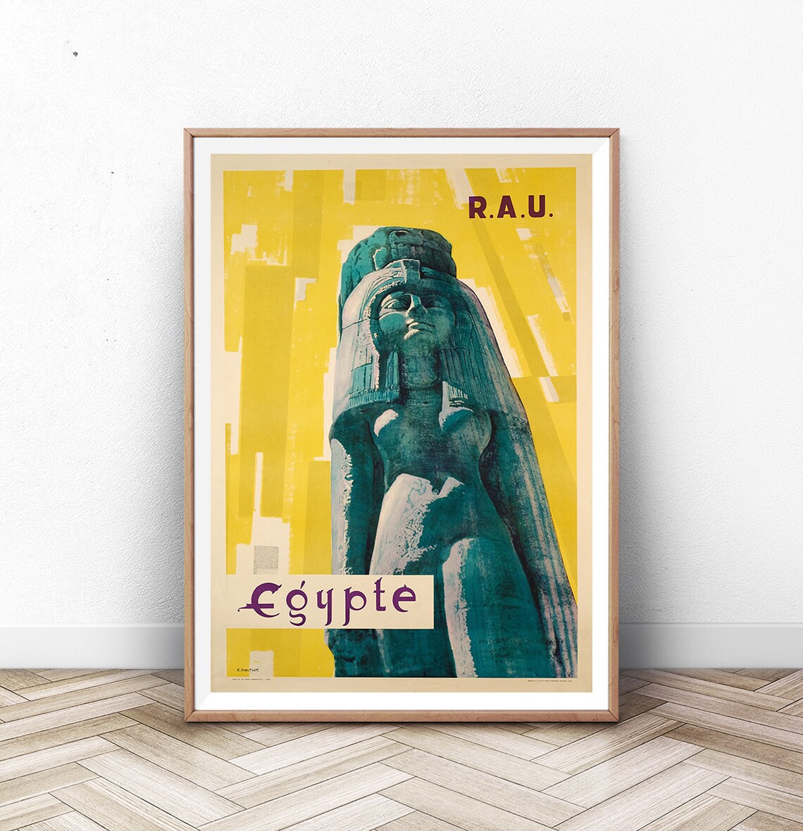 Egypte R.A.U. Pharaoh Statue Yellow Vintage Egypt Travel Poster
