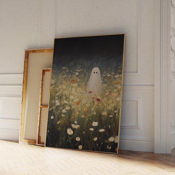 Ghost In Wildflower Meadow Night Vintage Cute Spooky Halloween Art Poster