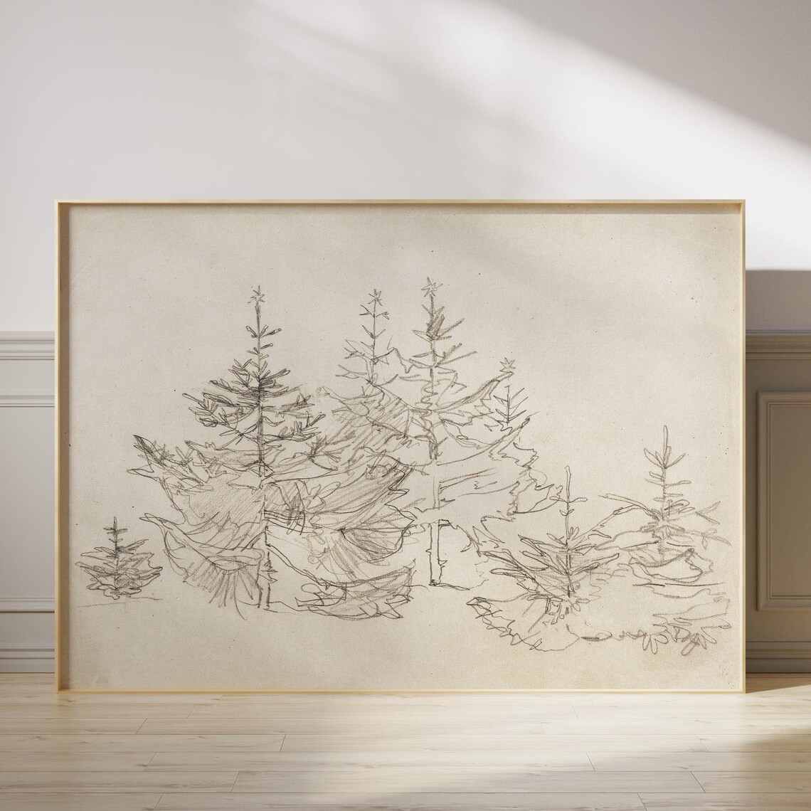 Pencil Sketch Of Pine Trees Winter Minimalist Drawing Neutral Poster