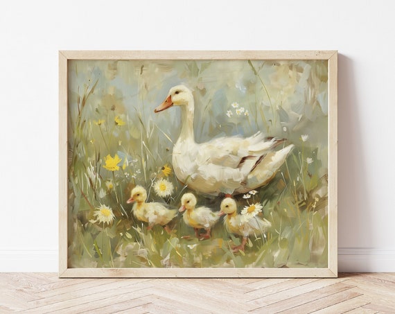 Vintage Duck Painting Wall Art Duckling Wall Art Print Oil Painting Farmhouse Wall Art Antique Nursery Kids Bedroom Wall Art