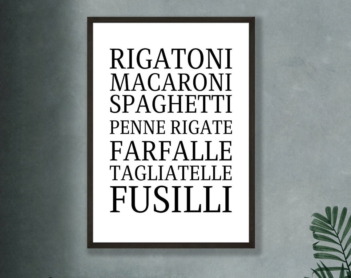 Italian Pasta Names List Black Typography Kitchen Wall Decor Poster