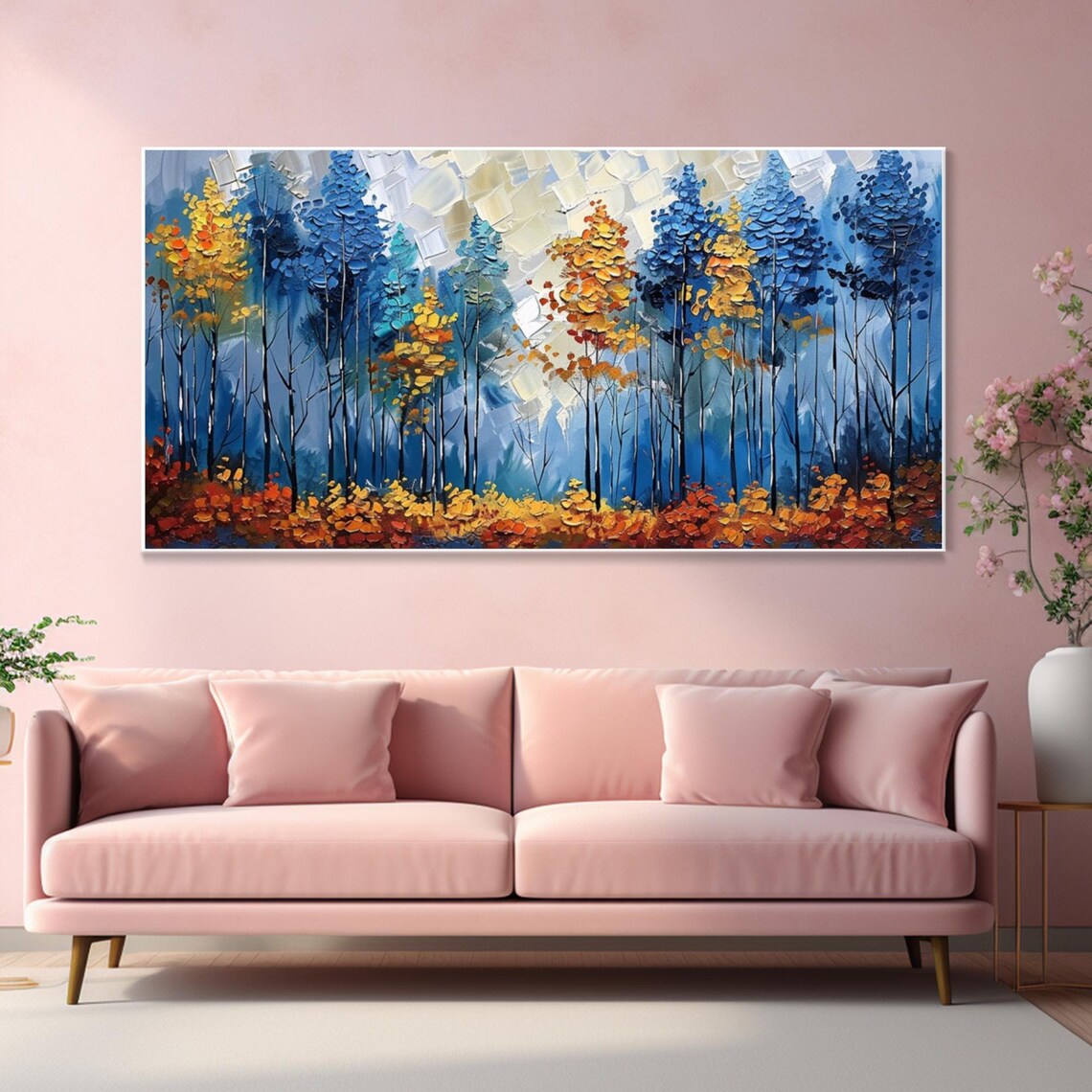 Blue Yellow Abstract Forest Palette Knife Art Print - Image 3