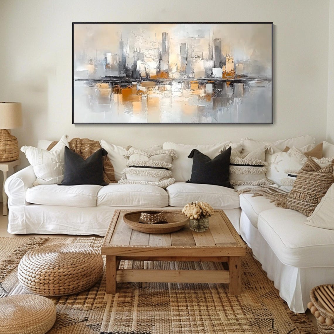Neutral Gray Beige City Skyline Water Reflection Modern Wall Art - Image 2