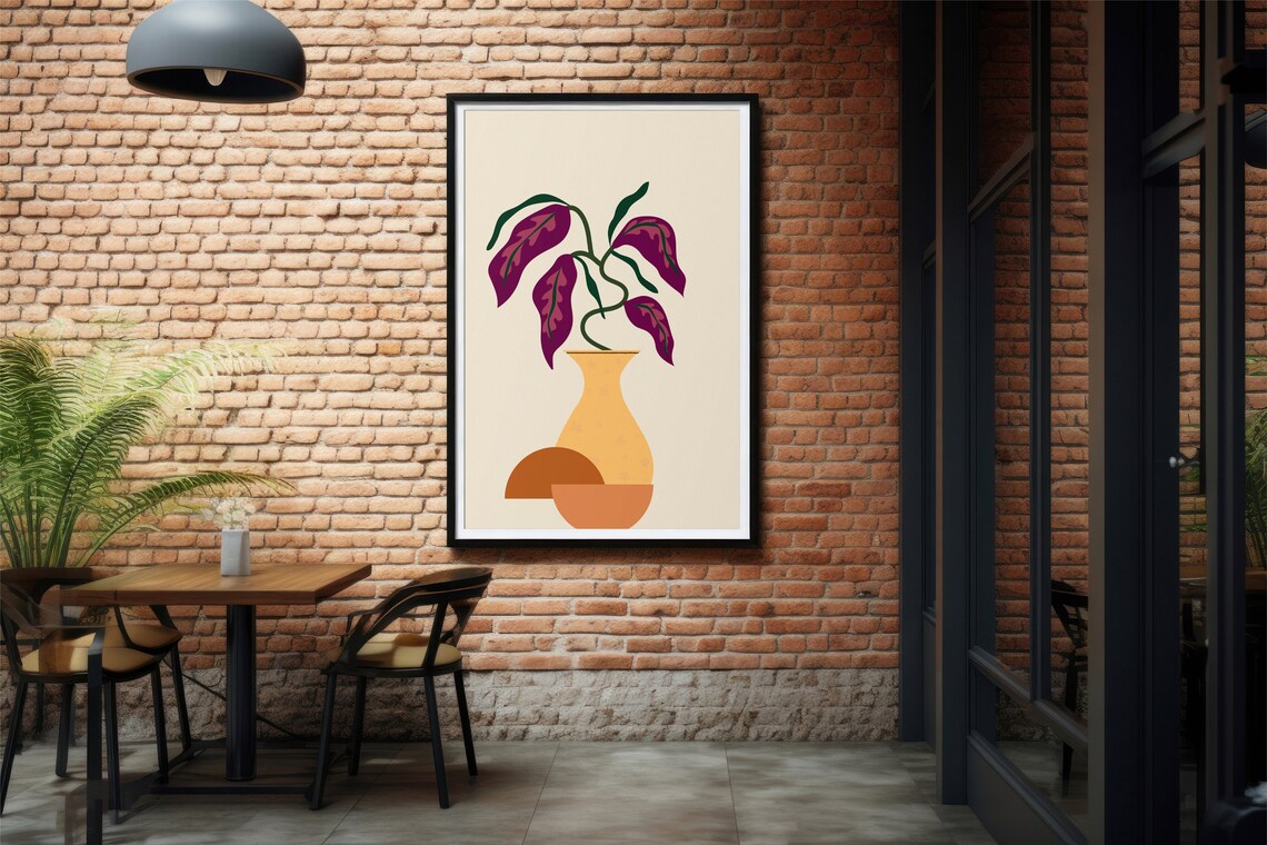 Boho Botanical Vase Burgundy Leaf Yellow Vessel Cream Neutral Poster - Image 2