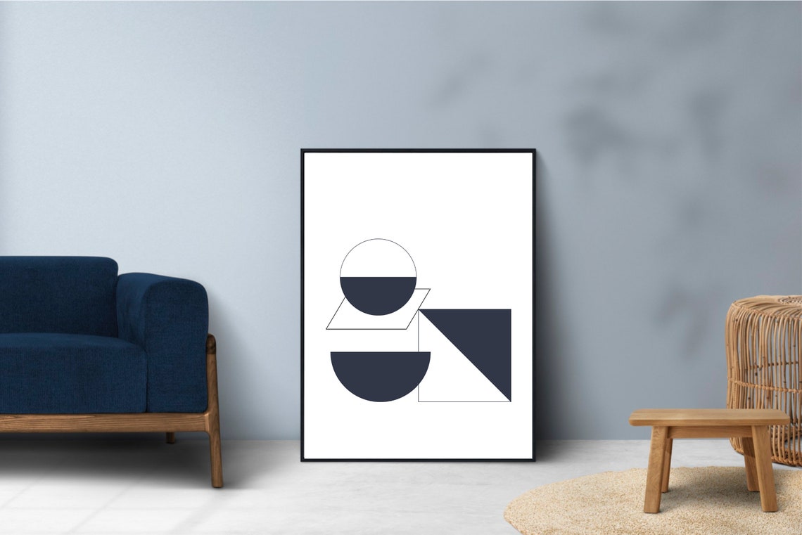 Dark Grey Abstract Geometric Print For Modern Minimalist Decor Circles And Rectrangles Wall Art Living Room Decor - Image 2