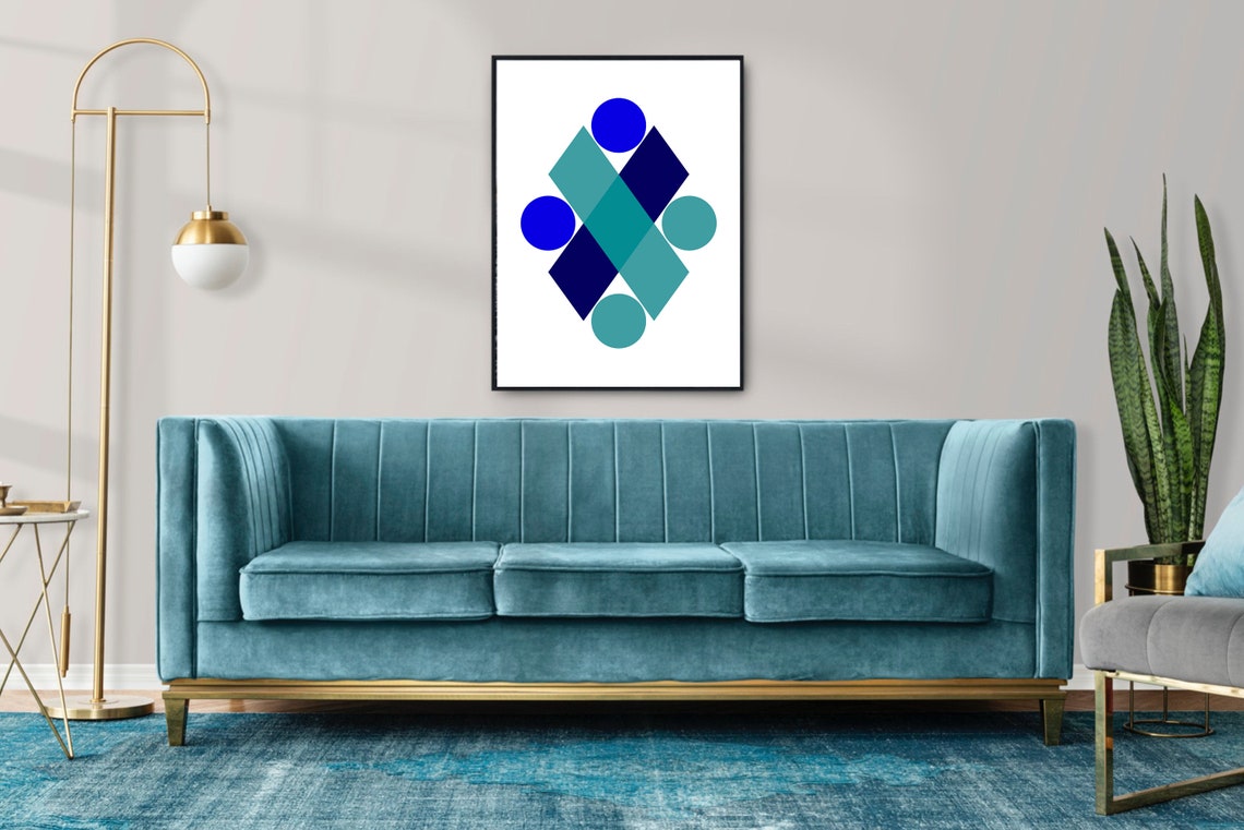 Blue Geometric Circles Diamonds Minimalist Abstract Composition Print
