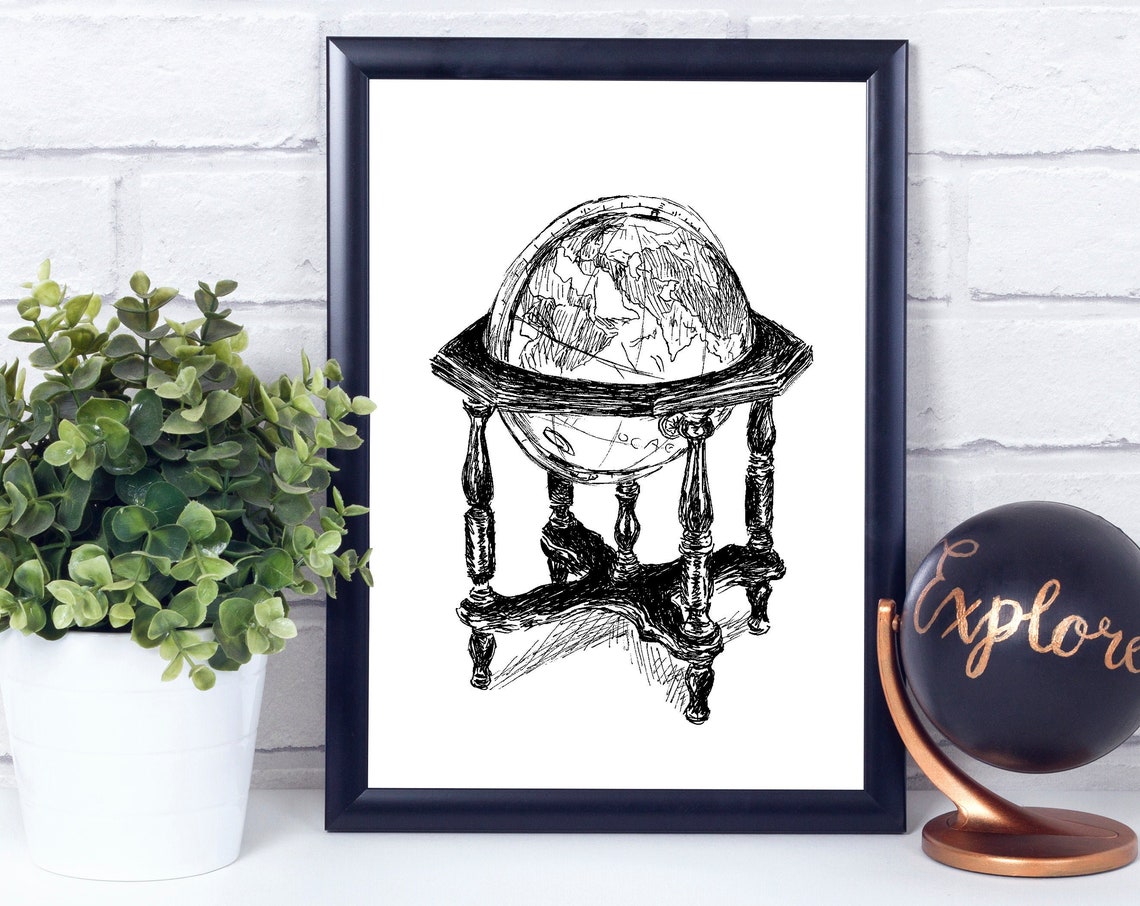 Antique Globe Sketch Pen and Ink Vintage World Globe Art Poster
