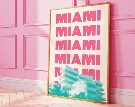 Miami Beach Pink Retro Typography Art Deco Building Travel Poster