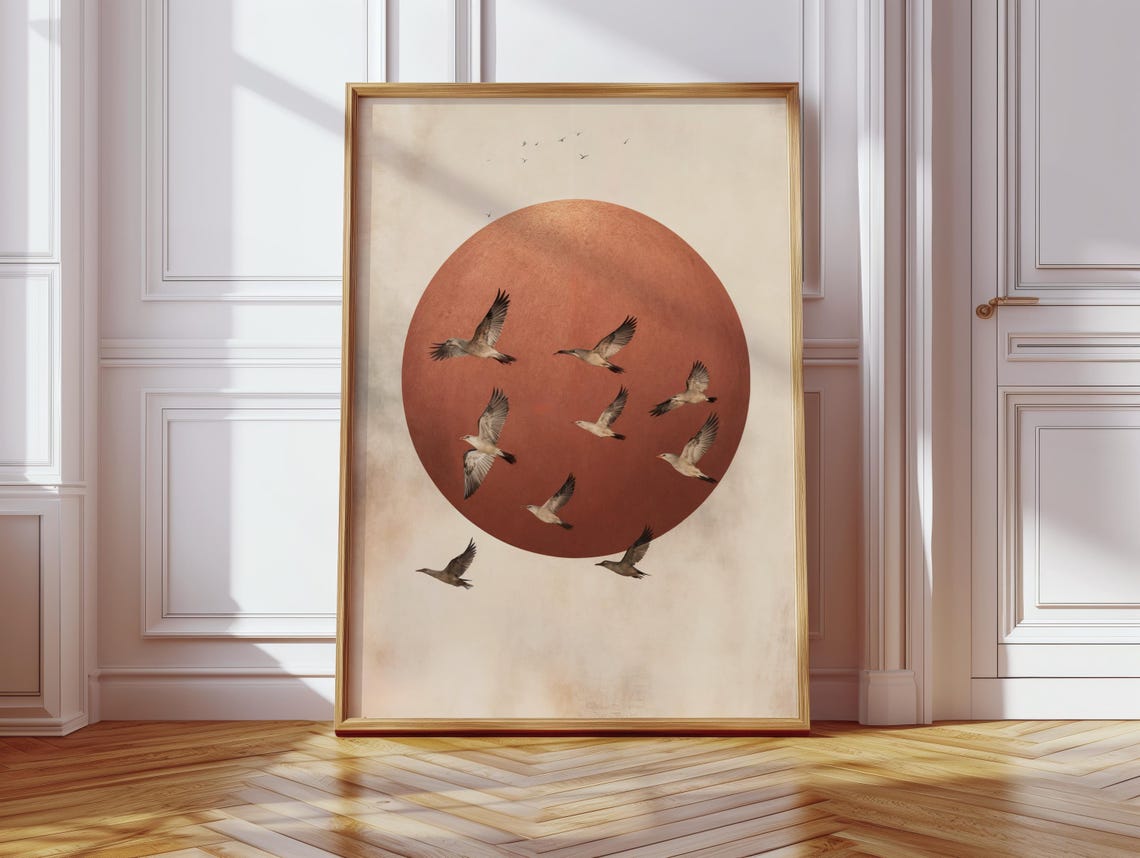 Flock of Birds Flying Across Copper Sun Minimalist Nature Poster