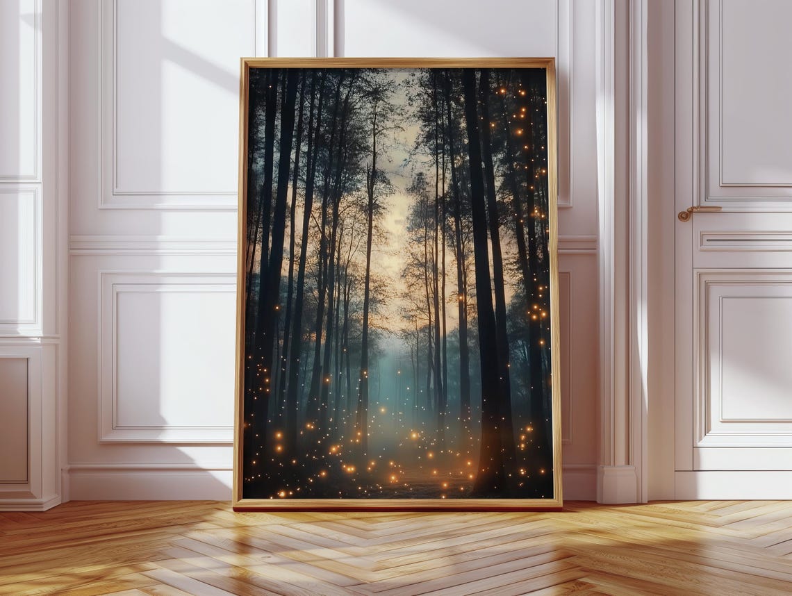 Mystical Enchanted Forest Fireflies Dark Moody Night Trees Poster